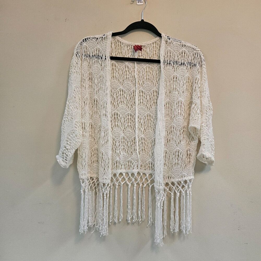 Red Camel Cream Crochet Open Front Top Sz S Fringe Boho Festival Layer Hippie